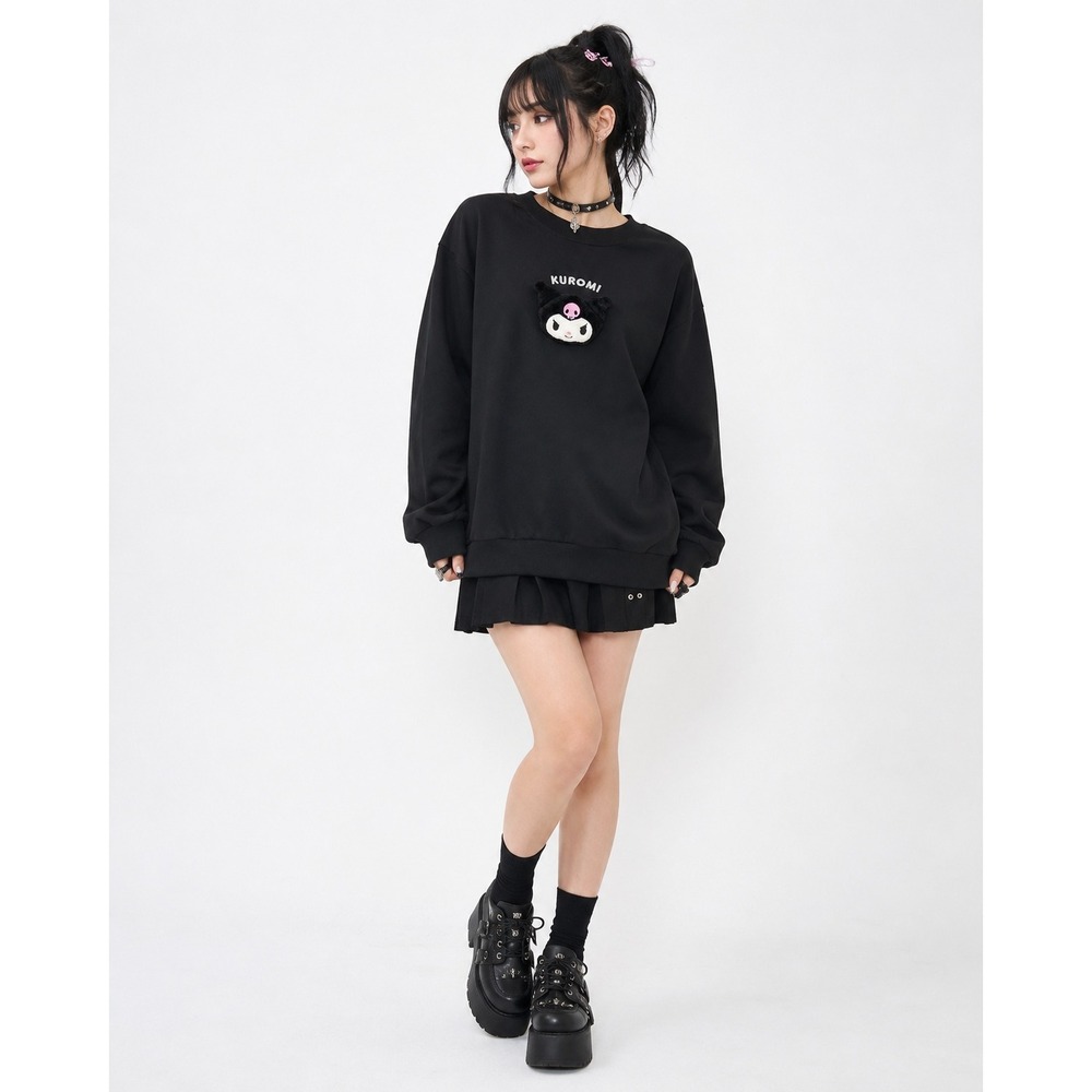 Sanrio Smiles Kuromi 3D Plush Applique Sweatshirt Black Crewneck Kawaii Goth
